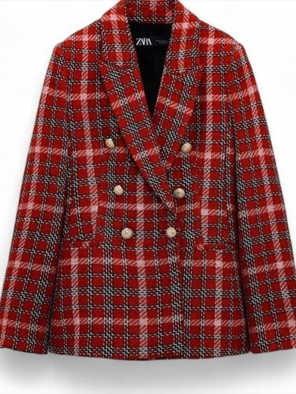 Zara Red Plaid Double-Breasted Blazer with Gold Buttons
